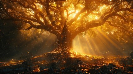 A sacred tree bathed in golden light.