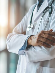 Doctor in uniform holding stethoscope and crossed arms. Hospital or clinic background and copy space