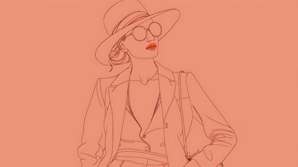 Fashion model with hat and glasses. Vector outline.