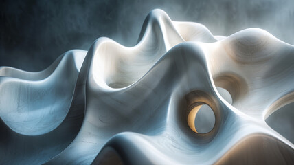 Abstract sculpture with fluid curves and holes, soft lighting.