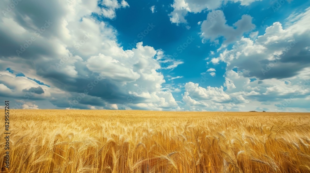 Poster a field of golden wheat stretching to the horizon, with fluffy clouds overhead casting shadows that 