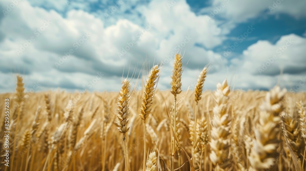 Poster a field of golden wheat stretching to the horizon, with fluffy clouds overhead casting shadows that 