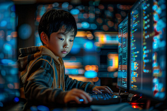 Asian kid using computer and doing programming or coding
