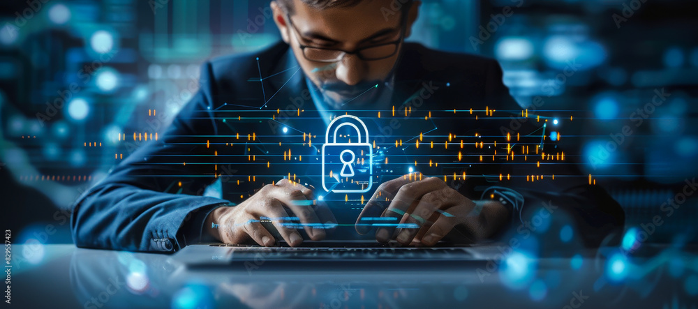 Poster cybersecurity professional working on laptop, digital padlock graphics - technology networking, clou
