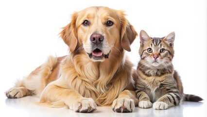 Golden Retriever dog and cat peacefully resting together on a white background, ideal for pet products or advertising campaigns