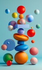 A lively and dynamic composition featuring colorful overlapping geometric shapes with floating spheres.