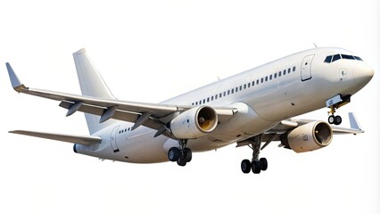 Close-up side view of a white airplane taking off against a white background