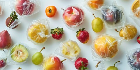 Translucent biodegradable plant-based plastics wrapping around ripe fruits, showcasing sustainable packaging solutions for a greener future.