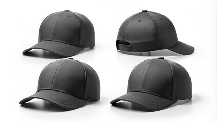 Set of blank black baseball caps isolated on background