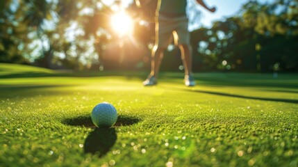 A golfer celebrating a successful putt with a fist pump and a smile, as the ball drops into the hole on a sunny green.