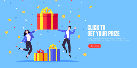 Get online incentive gift benefit reward and gifts, earn loyalty program points. Get loyalty card and customer service business concept flat design vector illustration. Tiny people with big gift boxes
