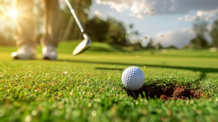 A golfer chipping onto the green from the rough, with focus on the ball and the anticipation of a successful shot.