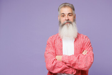 Young elderly gray-haired mustache bearded man 50s years old wears pink shirt casual clothes hold...