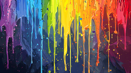 Paint splashes in rainbow colors dripping texture background. Generative AI.