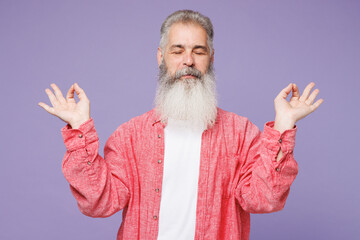 Young elderly gray-haired mustache bearded man 50s year old wear pink shirt casual clothes hold...