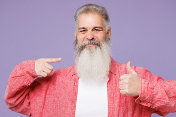 Young elderly gray-haired mustache bearded man 50s years old wearing pink shirt casual clothes...