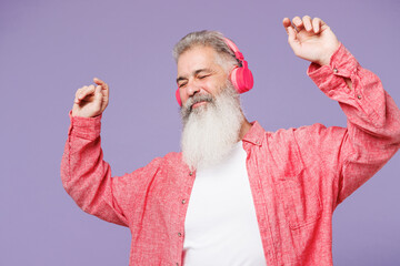 Young happy elderly gray-haired mustache bearded man 50s years old wears pink shirt casual clothes...