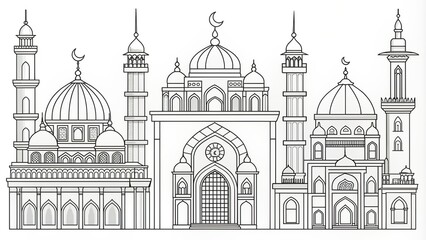 Detailed line art images of various mosques for children to color in and learn about different architectural styles