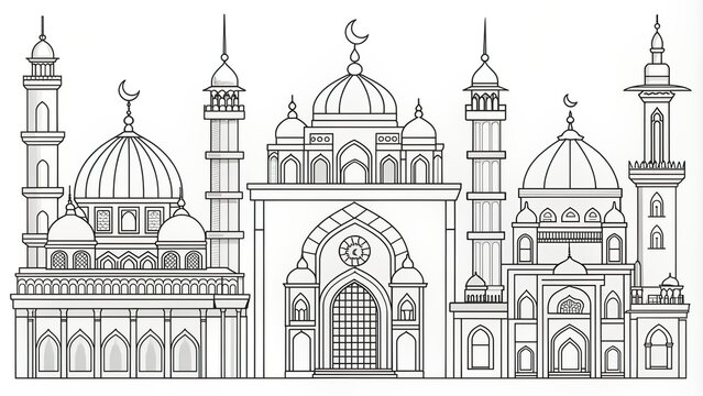 recommend clip art: Detailed line art images of various mosques for children to color in and learn about different architectural styles