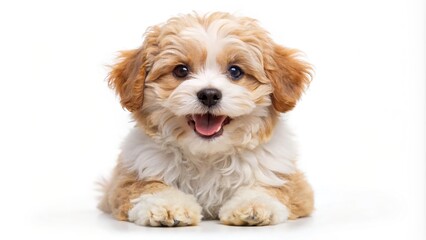 Adorable smiley maltipoo puppy in brown and white color, isolated on white background