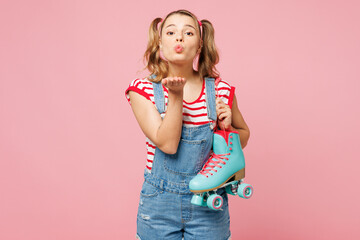 Young lovely fun cool happy woman she wear red t-shirt denim overalls casual clothes hold rollers...