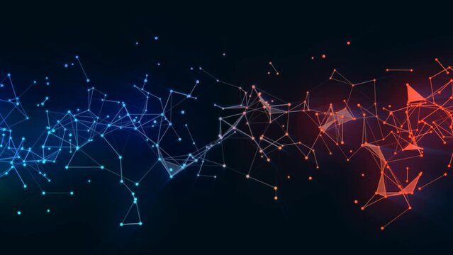 Neon animated background. Ice and fire. Wave movement of glow lines. Plexus stripes, dots. Digital network. Magnetic. Molecular bond. Energy field. Computer screensaver, business, introduction. 4k