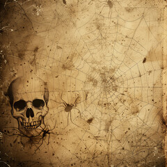 Grungy Vintage Halloween Background with Vintage Spider Web and Skull with Copyspace