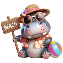 Hippo holding a beach sign

