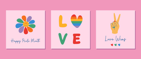 Set of y2k retro posts with LGBT symbols. Happy Pride Month cards, banners, prints. Hand drawn flat style vector illustrations. 