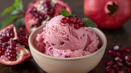 Pomegranate Sorbet in a vibrant Mediterranean market, served in a halved pomegranate