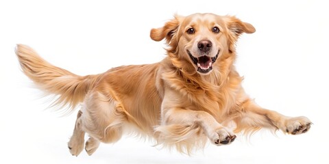 Happy Golden retriever jumping in excitement, isolated on white background
