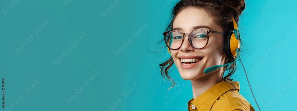 Poster cheerful customer support representative excelling in a colorful office environment