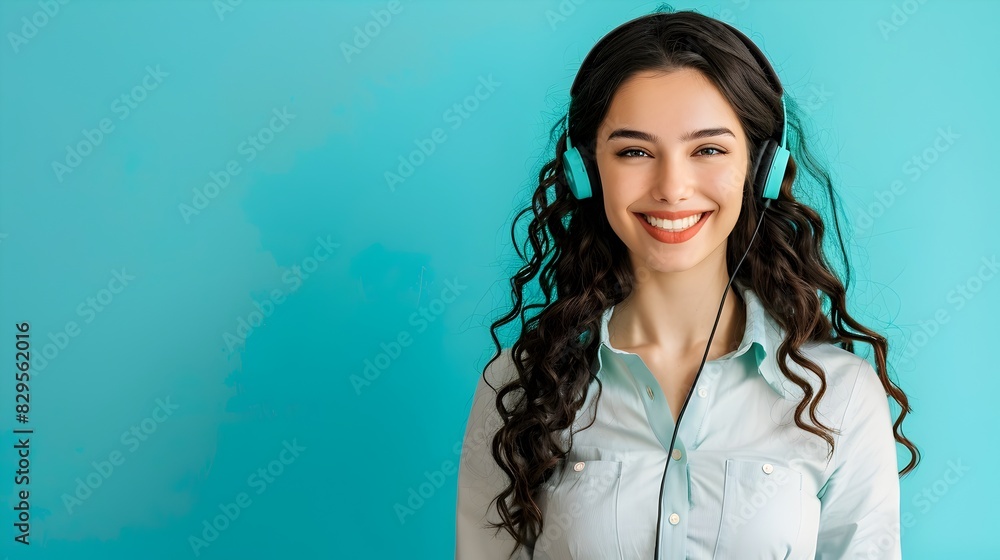 Poster cheerful customer support representative excelling in job responsibilities on colorful background
