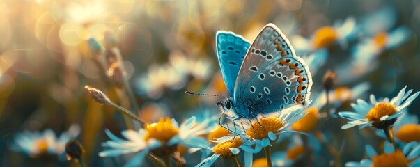 Colorful Butterfly Resting on a Wildflower with Blue and Yellow Wings in Nature