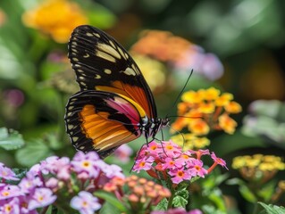 Serene Butterfly Gracefully Fluttering Among Colorful Summer Flowers in Vibrant Garden