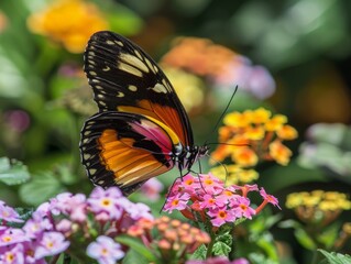 Obraz premium Serene Butterfly Gracefully Fluttering Among Colorful Summer Flowers in Vibrant Garden