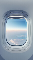 Fototapeta premium Airplane window view at sunrise. Travel and vacation concept. Banner for travel agency with copy space.
