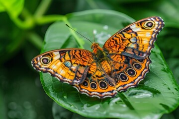 Vibrant Butterfly with Intricate Patterned Wings Perched on Lush Green Leaf in Nature