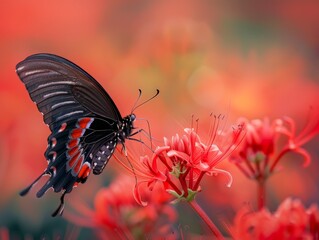 Delicate Butterfly Feeding on Bright Red Flower Petals in Close-up View