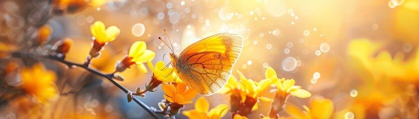 Graceful Butterfly Resting on a Vibrant Yellow Blossom in a Garden