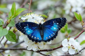 Vibrant Butterfly with Blue and Black Wings Resting on Delicate White Blossom