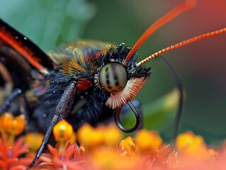 Macro Shot of Vibrant Butterfly Head and Antennae Resting on Flower Petals in Summer Garden