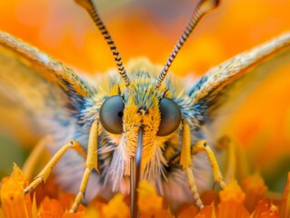 Macro Shot of Butterfly Head and Antennae Resting on Vibrant Flower Petals - Nature Close-up Photography