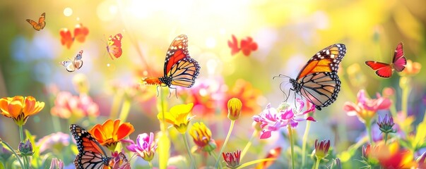 Tranquil Butterfly Garden Abloom with Colorful Butterflies Resting on Vibrant Flowers