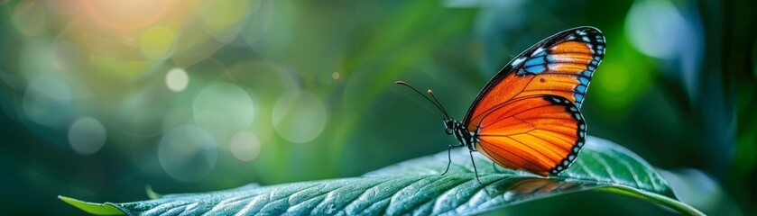 Enchanting Butterfly with Vibrant Orange Wings Resting on Lush Green Leaf in Nature's Embrace