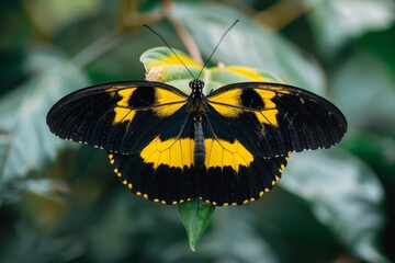 Beautiful Butterfly with Vibrant Yellow and Black Wings Perched on Green Leaf - Nature and Insect Photography Concept