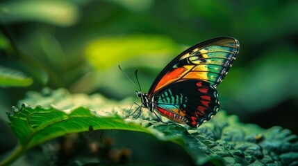 Colorful Butterfly Resting on Green Leaf in Enchanted Forest