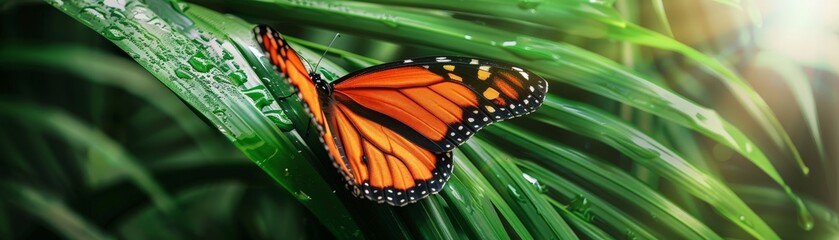 Vibrant Butterfly with Orange and Black Wings Resting on Green Leaf in Nature