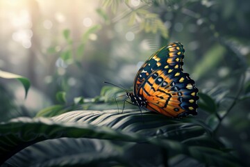 Graceful Butterfly with Intricate Wing Patterns Perching on Leaf in Lush Tropical Forest