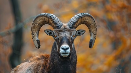 Fototapeta premium Mouflon, Ovis orientalis, portrait of mammal with big horns, Prague, Czech Republic. Wildlife scene form nature. Animal behavior in forest. Muflon with big horns on the head, in the forest
